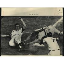 1969 Press Photo Astros' outfielder Curt Blefary appears to slide safely at home