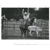 1990 Press Photo A cowboy in team penning exercise at rodeo - RSH93651