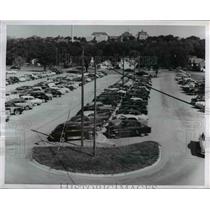1955 Press Photo Lawrence Kansas cars in parking lots at a school