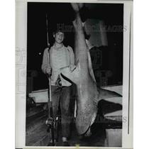 1968 Press Photo Fishing Boy Bobby Antz Caught 7-Foot, 150-Pound Shark, Florida