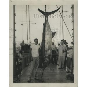1950 Press Photo Ross Staagusa Jr & blue marlin he caught - lfx01202