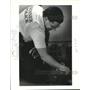 1992 Press Photo Patrolman/Trainer Ronnie Labarriere plays with K-9 Tyley