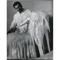 1966 Press Photo Miklos Urban Meteorologist sitting on Ice Covered bench-Hungary