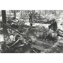 1981 Press Photo Soldier Surveys Plane Wreckage in South Alabama - abna10226