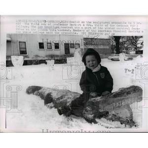1963 Press Photo 3 Year Old Tim White Sitting On Crocodile Ice Sculpture