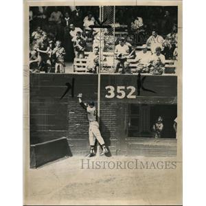1960 Press Photo Jim Lemon of Nats grabs fly ball of White Sox Roy Sievers