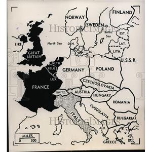 1948 Press Photo Map of Union of Western Europe & anti communist block nations