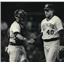 1985 Press Photo Milwaukee Brewers baseball's Bob Gibson shake teammate's hand